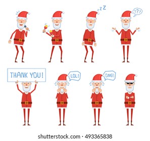 Set of Santa Claus characters posing in different situations. Cheerful Santa karaoke singing, dancing, sleeping, thinking, surprised, laughing, holding placard. Flat style vector illustration