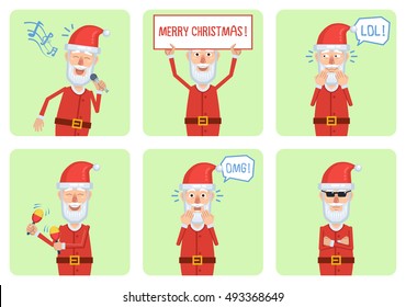 Set of Santa Claus characters posing in different situations. Cheerful Santa karaoke singing, dancing, surprised, laughing, serious, holding greeting poster. Flat style vector illustration