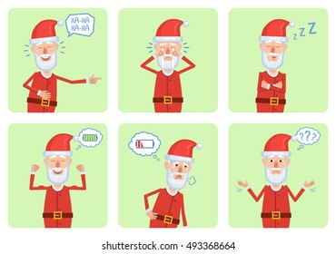 Set of Santa Claus characters posing in different situations. Cheerful Santa laughing, crying, sleeping, full of energy, tired, thinking. Flat style vector illustration