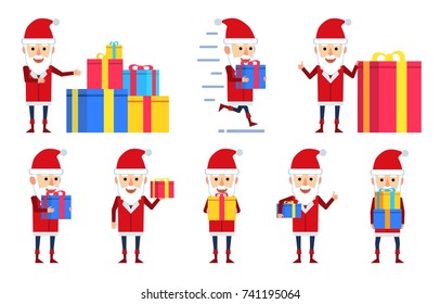 Set of Santa Claus characters posing with gift boxes in different situations. Cheerful Santa holding present, running and showing other actions. Flat style vector illustration
