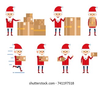 Set of Santa Claus characters posing with parcel in different situations. Funny Santa holding parcel box, running and showing other actions. Flat style vector illustration