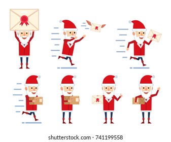 Set of Santa Claus characters posing with letter and parcel in different situations. Funny Santa holding letter, parcel box, running and showing other actions. Flat style vector illustration