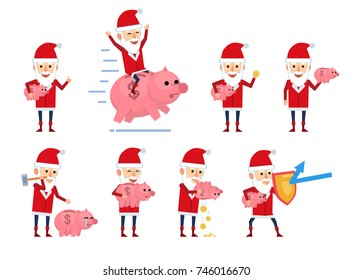 Set of Santa Claus characters posing with piggy bank in different situations. Funny Santa riding giant piggy bank, saving money and showing other actions. Flat style vector illustration
