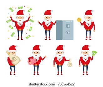 Set of Santa Claus characters posing with money in different situations. Cheerful Santa holding money bag, piggy bank, coin and showing other actions. Flat style vector illustration