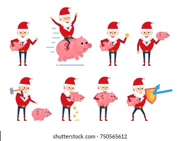 Set of Santa Claus characters posing with piggy bank in various situations. Cheerful Santa holding piggy bank and showing other actions. Flat style vector illustration