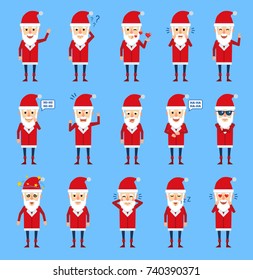 Set of Santa Claus characters showing different emotions. Cheerful Santa laughing, thinking, crying, tired, angry, dazed and showing other emotions. Flat style vector illustration