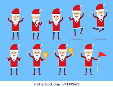 Set of Santa Claus characters showing different success poses. Funny Santa celebrating, jumping, holding golden cup and showing other actions. Flat style vector illustration