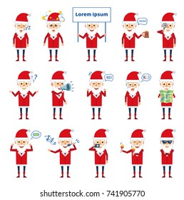 Set of Santa Claus characters showing different actions. Cheerful Santa holding signboard, loudspeaker, map, singing, sleeping and showing other actions. Flat style vector illustration