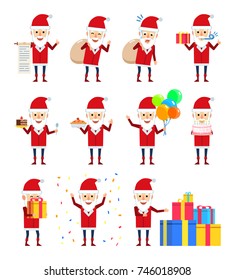 Set of Santa Claus characters showing different actions. Funny Santa holding scroll, gift box, big bag, balloons, cake and showing other actions. Flat style vector illustration