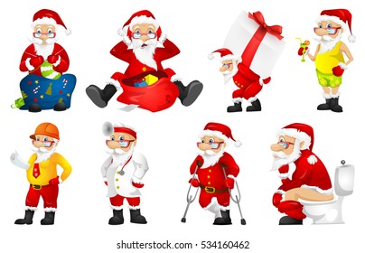 Set of Santa Claus characters sitting near a bag full of gifts. Stressed Santa Claus looking at sack full of gifts. Santa Claus carrying gift box. Vector illustration isolated on white background.