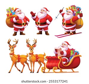 Set of Santa Claus characters in various poses with gifts, reindeer, and sleigh. Vector cartoon illustration