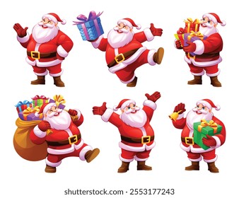 Conjunto de personajes de Santa Claus en varias poses con regalos y saco. Vector ilustración de dibujos animados