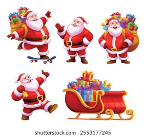 Conjunto de personajes de Santa Claus en varias poses con regalos y trineo. Vector ilustración de dibujos animados