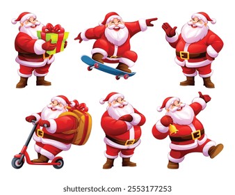 Conjunto de personajes de Santa Claus en varias poses y actividades. Vector ilustración de dibujos animados