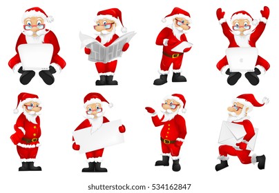 Set of Santa Claus characters working on laptop. Set of Santa Claus characters sitting with raised hands in front of laptop. Santa Claus using laptop. Vector illustration isolated on white background.