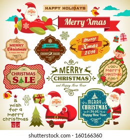 Set of Santa Claus, Christmas elf with vintage labels, ornaments and icon elements for Christmas