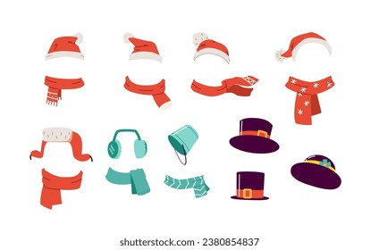 Set of Santa Claus Christmas hats with scarves. Vintage hats and cylinder hat