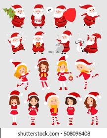 Set of Santa Claus and Christmas little girl cartoon flat icon isolated vector illustration
