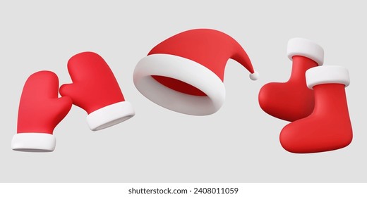 Set santa claus christmas red glove, hat, sock floating isolated on background. Realistic 3D vector icon cartoon minimal object celebration decorative holiday merry xmas elements. 3d render