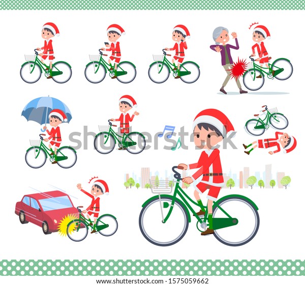 set of Santa Claus costume boy riding a city\
cycle.There are actions on manners and troubles.It\'s vector art so\
it\'s easy to edit.\
