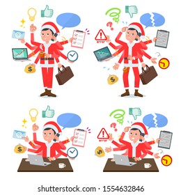 A set of Santa Claus costume men who perform multitasking in the office.There are things to do smoothly and a pattern that is in a panic.It's vector art so it's easy to edit.
