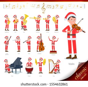 A set of Santa Claus costume men on classical music performances.There are actions to play various instruments such as string instruments and wind instruments.It's vector art so it's easy to edit.
