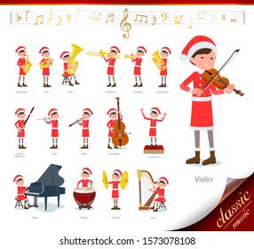 A set of Santa Claus costume women on classical music performances.There are actions to play various instruments such as string instruments and wind instruments.It's vector art so it's easy to edit.