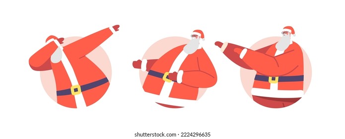 Ponga a Santa Claus bailando avatares o iconos redondos. Caracteres divertidos de Navidad que hacen que Dab mueva la danza se aísle de fondo blanco. Saludo de vacaciones, fiesta disco club. Ilustración de vectores de personas de caricatura