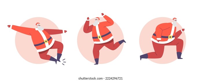 Ponga a Santa Claus bailando avatares o iconos redondos. Saludo de vacaciones, fiesta disco club. Los graciosos personajes de Navidad mueven cuerpo y danza aislados en fondo blanco. Ilustración de vectores de personas de caricatura