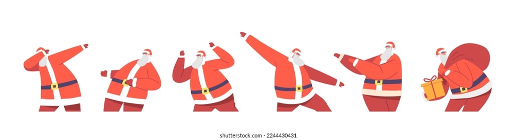 Set Santa Claus Dancing and Deliver Gifts. Funny Christmas Character Making Dab Move, Dance Break and Hip Hop Style Dance, Holiday Greeting, DJ Club Party, Xmas Eve. Cartoon People Vector Illustration