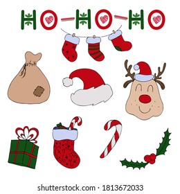 conjunto de santa claus - ciervo, gorra, regalos, calcetín, caña de azúcar y ho ho ho texto sobre fondo blanco, linda imagen para el año nuevo y navidad, ilustración vectorial para la postal en estilo doodle