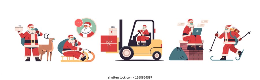 set santa claus delivering gifts merry christmas happy new year holidays celebration concept horizontal full length vector illustration