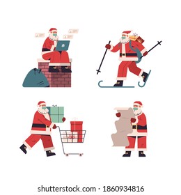 set santa claus delivering gifts merry christmas happy new year holidays celebration concept full length vector illustration