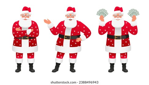Set of Santa Claus with different emotions and poses. Santa is standing dissatisfied with his arms crossed, pointing at something, holding a bunch of cash dollars in his hands. Vector illustration.