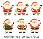 Set of Santa Claus In different poses and activities on white background. Christmas and New Year vector collection. Cute cartoon character with gift box, lollipop, candy, Christmas tree.