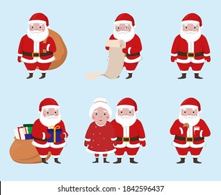 Set of Santa Claus in different poses. Christmas character.Vector illustration isolated on white background.