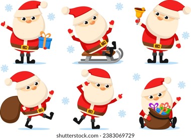 Set of Santa Claus in different poses on a white background. Christmas character