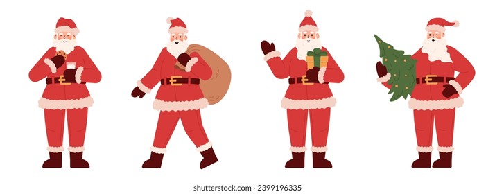 Set with Santa Claus in different poses. Santa walks with a bag of gifts, holds a Christmas tree, eats cookies, holds a gift. Hand drawn character in simple flat style. Christmas character for sticker