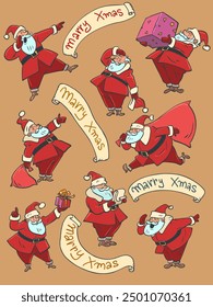 Set of Santa Claus in different poses. Advertising for the coming New Year and Christmas. Greeting cards for loved ones on the winter holiday. Comic cartoon pop art retro vector illustration hand