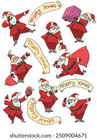 Set von Weihnachtsmann in verschiedenen Posen. Werbung für das kommende neue Jahr und Weihnachten. Grußkarten für Angehörige im Winterurlaub. Comic Cartoon Pop Art Retro Vektorgrafik Hand