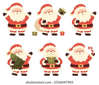 Set of Santa Claus In different poses and activities on white background. Christmas and New Year vector collection. Cute cartoon character with gift box, lollipop, candy, Christmas tree.