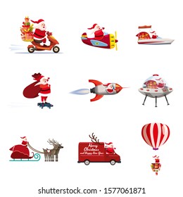 Set Of Santa Claus Of Different Types Of Transport Vehicles Truck, Moped, Boat, Plane, Rocket, Drone, UFO, Sled, Balloon. Vector, Illustration, Isolated Cartoon Style