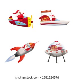 Set of Santa Claus of different types of transport vehicles boat, plane, rocket, UFO. Vector, illustration, isolated cartoon style