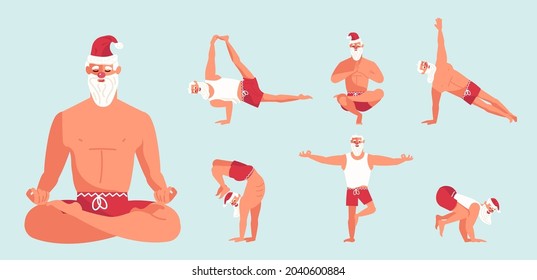 Set of Santa Claus doing yoga poses. Cartoon Christmas character isolated. Flat Art Vector Illustration