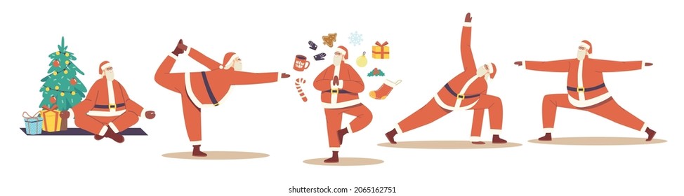 Set of Santa Claus Doing Yoga Poses. Christmas Character Meditate and Relax at Xmas Tree. Winter Holiday Sport, Healthy Santa Stand in Various Relaxed Postures Cute Mascot. Cartoon Vector Illustration