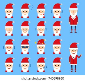 Set of Santa Claus emoticons showing different facial expressions. Happy, sad, angry, dazed, in love, tired, sleepy and other emotions. Flat style vector illustration