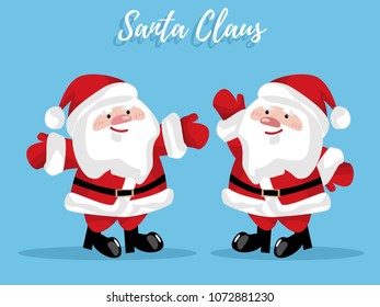 Set of Santa Claus extend the arms isolated on blue background. Cute cartoon character. Design for xmas holiday. Vector illustration.