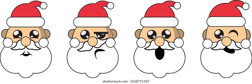 Set of Santa Claus face characters with different emotions isolated on white background. Christmas holiday vector illustration in flat cartoon style