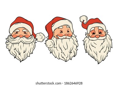 Set of Santa Claus face. Collection of portrait Santa with beard and Christmas hat. Holiday design. Happy New Year symbol. Vector illustration on white background.