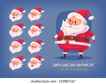 Set of Santa Claus face emotions icons Cute cartoon faces collection Merry Christmas vector illustration.
